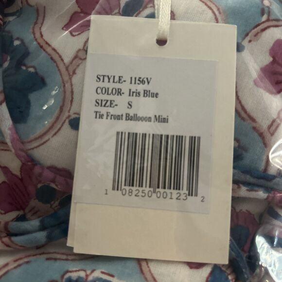 Oliphant Mini Dress Long Balloon Sleeves Tie Front Floral Fern Blue Small NWT - Picture 11 of 12